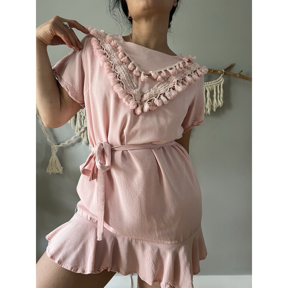 Pale Pink Ruffle Hem Mini Dress Boho Festival Summer Short fringe trim small